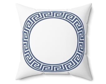 Ensemble d'oreillers bleus, clés grecques, oreillers carrés blancs, décoration d'intérieur bleue, parure de coussin maximaliste, housses de coussin modernes multicolores à assortir avec empiècement