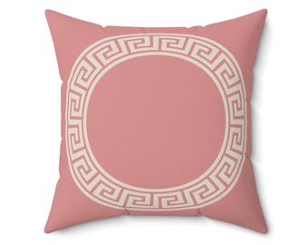 Oreiller avec clé grecque kaki, oreillers carrés roses, bordures à la grecque imprimées, housses de coussin multicolores à assortir, accessoires de décoration intérieure moderne hiver