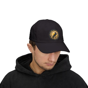 Embroidered Raven Baseball Cap Black Crow Hats Celestial Sports Hat with Black Bird, Gift for Sport Fan, Unisex Cotton Caps with Yellow Sun