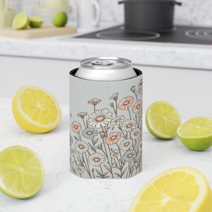 Floral Monogram Can Cooler, Wild Flower Print Insulated Beverage Holder, Summer Party Drink Sleeve, Personalized Coolie, Drinkware Accessory