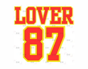 May include: A graphic design with the word "LOVER" above the number "87". The text and numbers are red with a yellow outline, on a white background. The design has a bold, collegiate style.