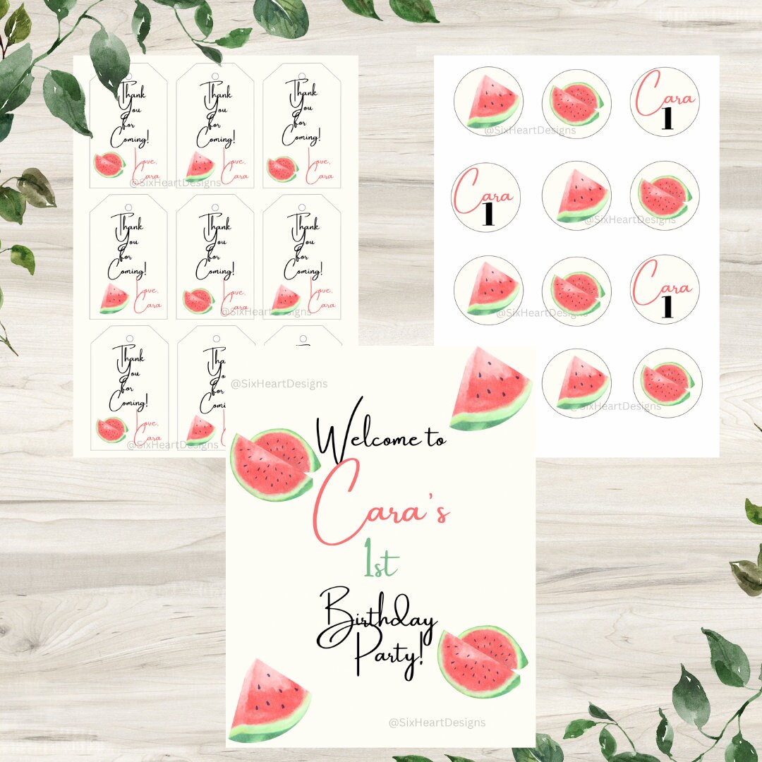 One in a Melon Welcome sign thank you tags cupcake toppers birthday party girl birthday watermelon Party templates