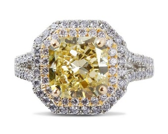 Yellow Diamond Ring, 2.0 Radiant Cut Moissanite Engagement Ring, Double Halo Wedding Ring, Split Shank Ring, Proposal Ring