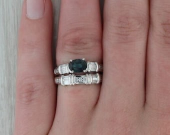 1910s Vintage 1.50ct Oval Cut Sapphire Diamond Wedding Engagement Ring Sets In 935 Argentium Silver • Blue Oval Antique Stacking Band Sets