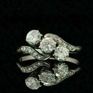 Circa 1910&#39;s Early Art Deco 1.80 Cts Old European Cut Diamond Engagement Ring In 935 Argentium Silver • Three Stone Ring • Edwardian Ring
