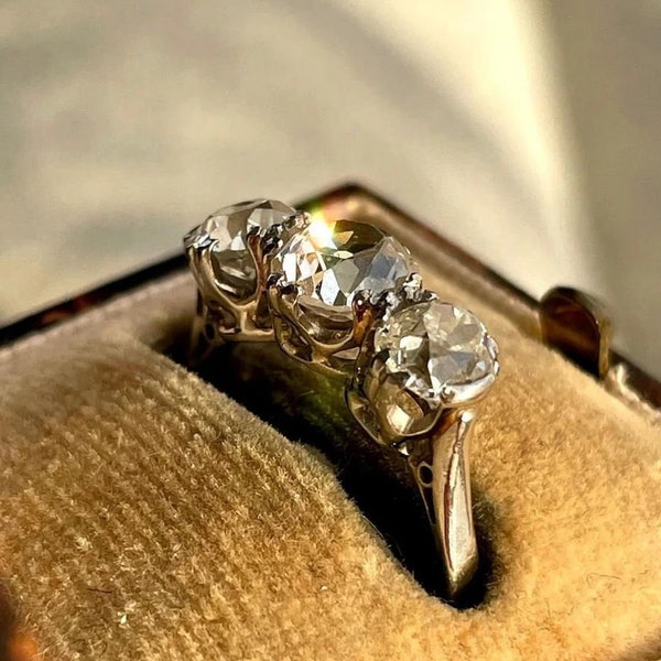 1910s Antique Old Mine Cut Diamond Three Stone Wedding Ring • Engagement Ring In 935 Argentium Silver • Vintage Rings • Fine Ring Jewelry