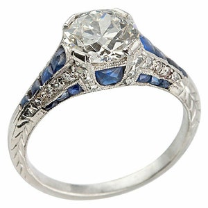 Alliance vintage art déco avec diamants taille européenne et saphirs en argent argentium 935 • Bague succession antique 2 carats • Joaillerie