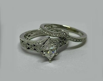 1910s Vintage 1.20 Ct Art Deco Moissanite Wedding Engagement Ring Set In 935 Argentium Silver Marquise Diamond Ring Set Antique Bridal Set