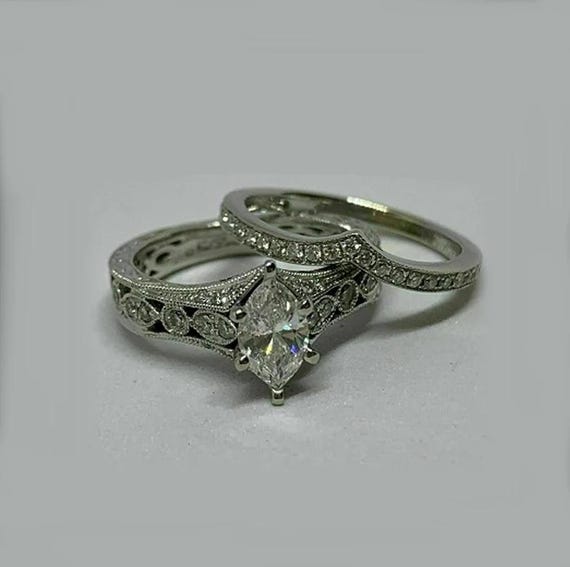 1910s Vintage 1.20 Ct Art Deco Moissanite Wedding Engagement Ring Set In 935 Argentium Silver Marquise Diamond Ring Set Antique Bridal Set
