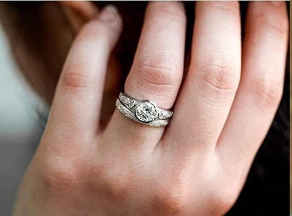 1910s Vintage Edwardian 1.80 Ct Round Cut Diamond Art Deco Bridal Set • Antique Engagement Ring Set In 935 Argentium Silver Retro Bridal Set