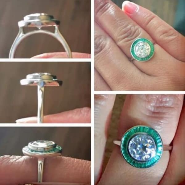 1910s Vintage 2.10 Ct Round Cut Diamond & Emerald Engagement Ring In 935 Argentium Silver • Target Halo Ring • Art Deco Ring • Antique Ring