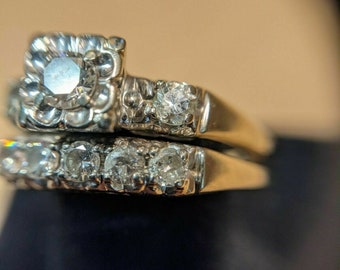 1910s Antique Edwardian 1.00 Ct Round Cut Diamond Art Deco Bridal Set • Vintage Engagement Ring Set In 935 Argentium Silver Retro Bridal Set