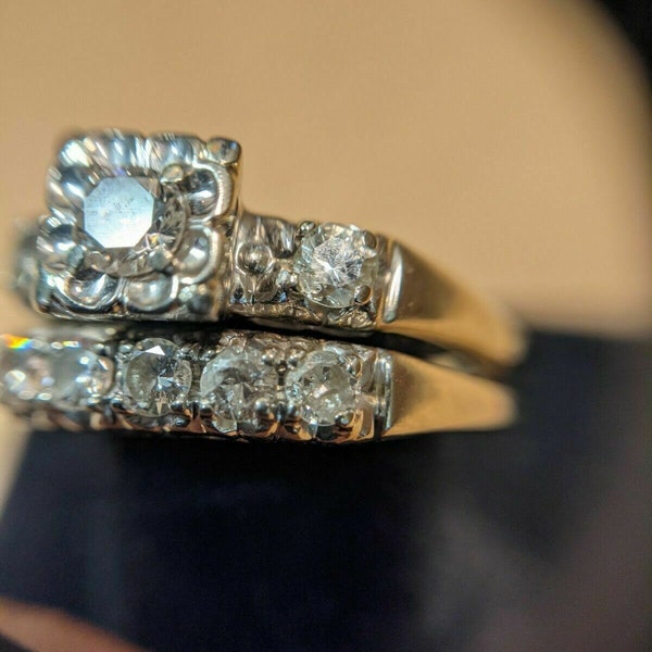 1910er Jahre Antique Edwardian 1.00 Ct Rundschliff Diamant Art Deco Brautset • Vintage Verlobungsring Set In 935 Argentium Silber Retro Braut Set