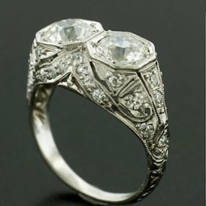1910s Antique 3.00 Ct Round Cut Diamond Engagement Ring In 935 Argentium Silver • Edwardian Ring • Two Stone Ring • Vintage Toi Et Moi Ring