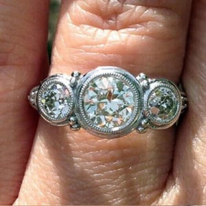 1910s Vintage 2 Ct White Round Diamond Engagement Ring In 935 Argentium Silver • Three Stone Ring • Bezel Set Art Deco Rings • Gifts For Her