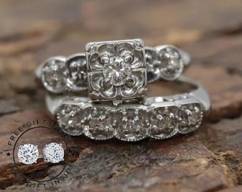 1910s Vintage Edwardian 1.00 Ct Round Cut Diamond Art Deco Bridal Set • Antique Engagement Ring Set In 935 Argentium Silver Retro Bridal Set