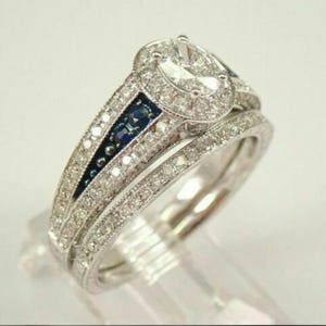 1910s Vintage 2.00ct Oval Cut Diamond Wedding Engagement Ring Sets In 935 Argentium Silver • Antique Stacking Band Sets • Art Deco Ring Sets