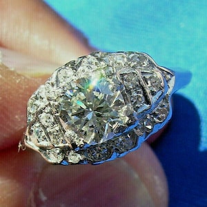 Circa 1910s Vintage Edwardian 2.00 Carat White Round Diamond Engagement Ring In 935 Argentium Silver • Mid-Century Ring • Art Deco Rings