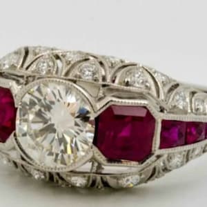 1910s Edwardian Antique Ring • 2.00 Ct Round Cut Diamond Ring • Ruby Diamond Ring • Engagement Ring In 935 argentium Silver • Art Deco Ring