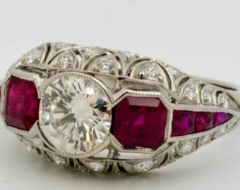 1910s Edwardian Antique Ring • 2.00 Ct Round Cut Diamond Ring • Ruby Diamond Ring • Engagement Ring In 935 argentium Silver • Art Deco Ring