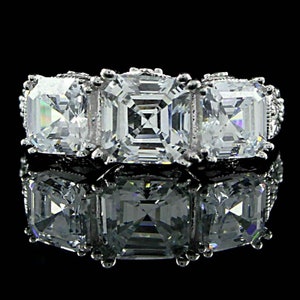 1910&#39;s Antique Old Mine Cut 3.50Ct White Asscher Cut Three Stone Engagement Ring • Wedding Ring In 935 Argentium Silver • Vintage Rings