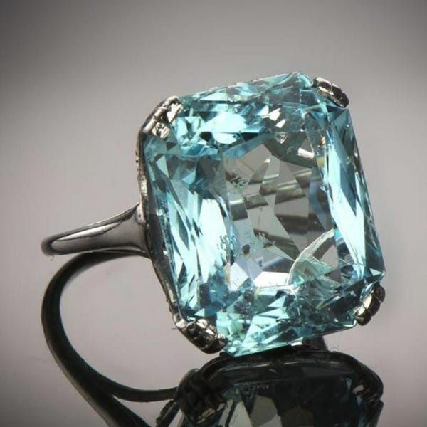 1910s Art Deco 8.50 Ct Aquamarine Cushion Diamond Engagement Wedding Ring in 935 Argentium Silver • Aquamarine Ring • Womens Vintage Ring