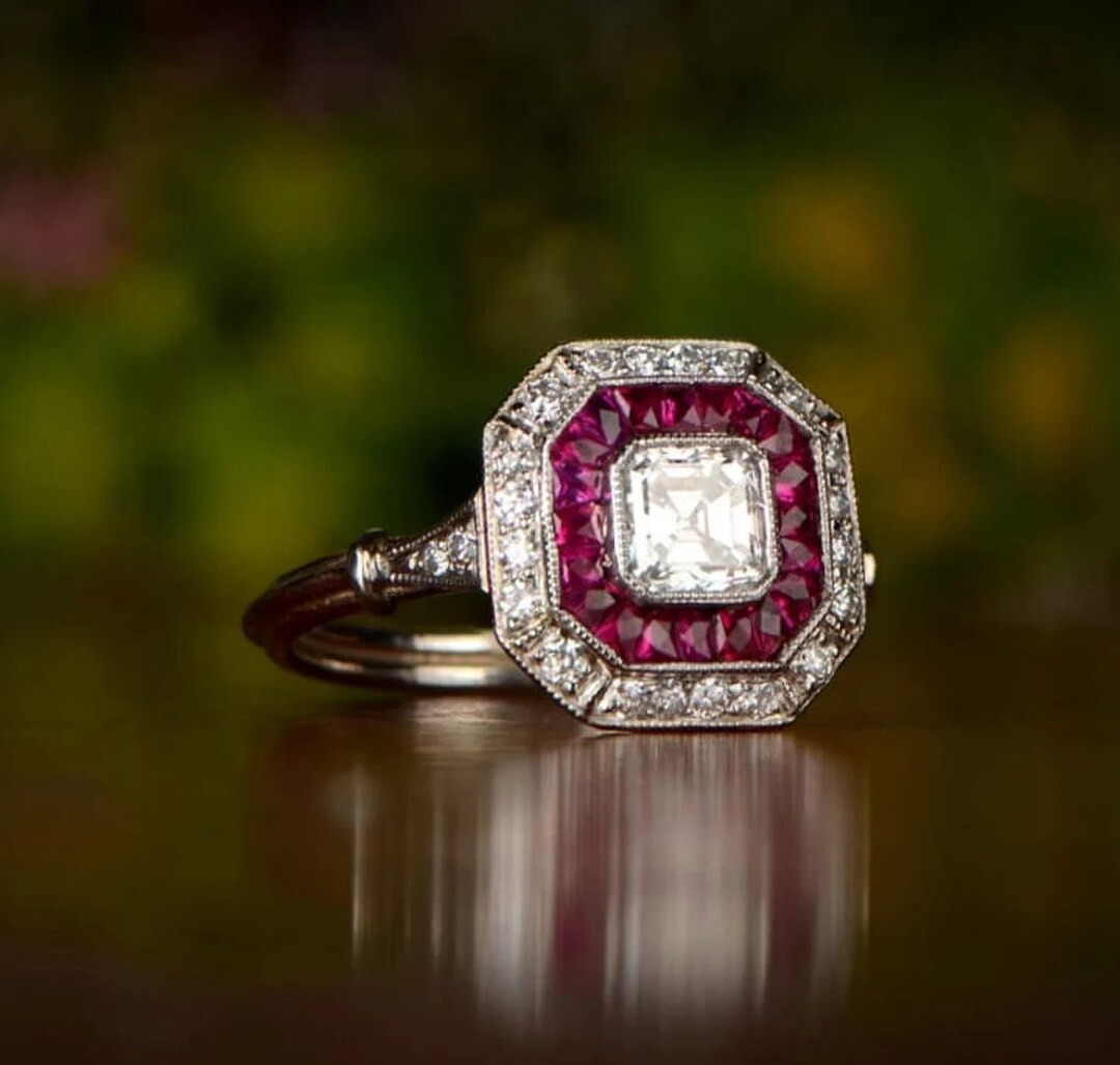 1910s Vintage Art Deco Asscher Diamond & Ruby Ring 2CT Antique Target ...