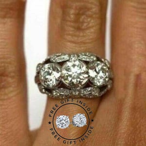Circa 1910s Antique Art Deco Engagement Ring, 3 Cts Diamond Vintage Engagement Ring, Three Stone 935 Argentium Silver Ring, Edwardian Ring