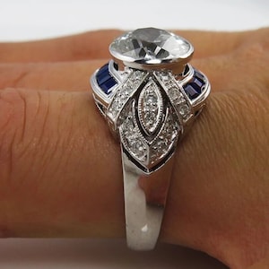 2.10 ct Old European Cut Moissanite Diamond Ring • 1910s Edwardian Jewelry • Sapphire Art Deco Ring In 935 Argentium Silver • Retro Jewelry