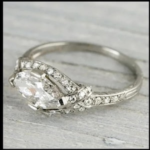 1910&#39;s Edwardian Art Deco 2.00 Ct White Marquise cut Diamond Engagement Wedding Ring In 935 Argentium Silver • Old European Diamond Ring