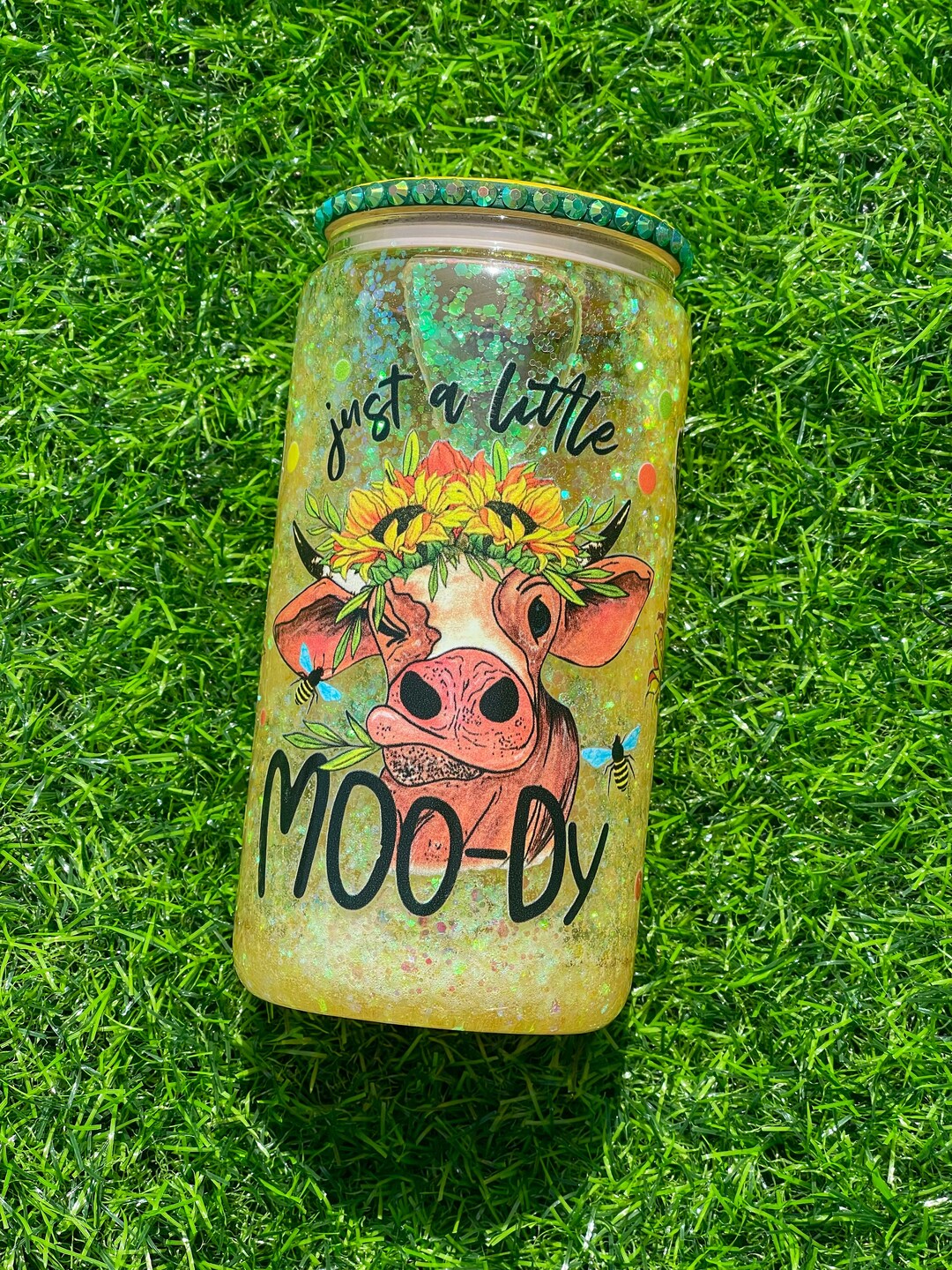Moody Cow Glass Tumbler Snowglobe Tumbler Summer Glitter Etsy