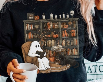 Ghost Reading Book Png, Halloween Bookshelf Png, Ghostly Bookish Png, Black Cat and Book Png, Cute Ghost Book PNG, Book Lover Halloween PNG