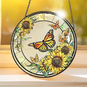Butterfly & Sunflower Glass Suncatcher, Butterfly Glass Suncatcher, Butterfly Lovers Gift, Housewarming Gift, Home Decor