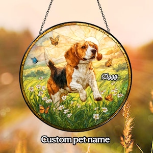 Customized Name Beagle Glass Suncatcher, Beagle Dog Suncatcher, Pet Lover Gift, Housewarming Gift, Window Hangings