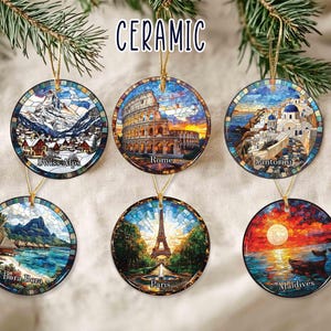 Customized Tourist Destination Faux Stained Glass Ornament, Family Vacation Trip, Souvenir Ceramic, Travel Gift, Christmas Decor