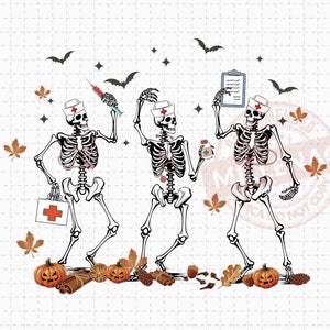 May include: Three skeleton nurses wearing white nurse hats and holding medical supplies. The skeletons are wearing black and white striped shirts and black pants. The skeletons are standing on a white background with fall leaves and pumpkins.