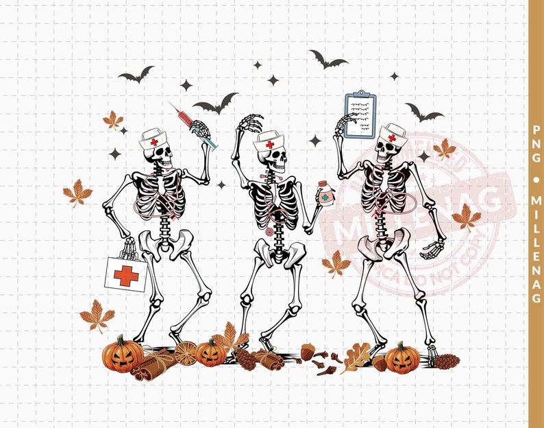 May include: Three skeleton nurses wearing white nurse hats and holding medical supplies. The skeletons are wearing black and white striped shirts and black pants. The skeletons are standing on a white background with fall leaves and pumpkins.