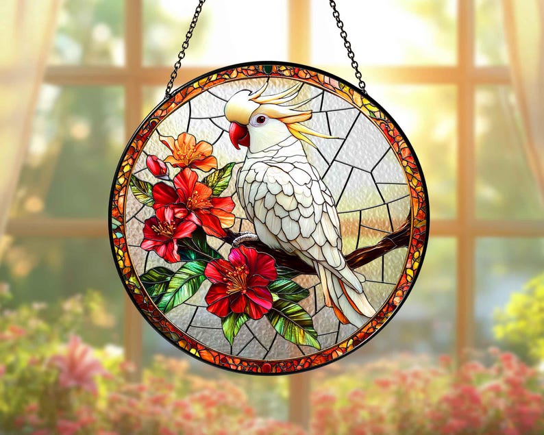Personalized Sulphur Crested Cockatoo Parrot Glass Suncatcher - Thumbnail 4