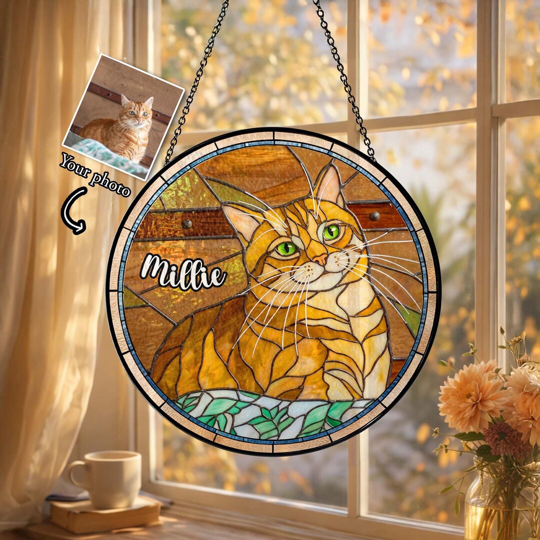 Custom Cat Portrait Glass Suncatcher From Photo, Pet Faux Stained Glass ...