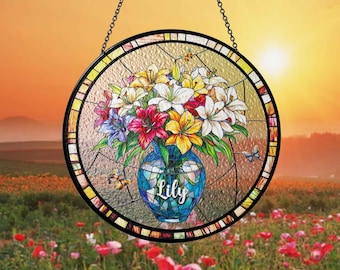 Customized Lily Glass Suncatcher, Mothers Day Flower Suncatcher, Lily Boutique In Vase Suncatcher, Window Decoration, Gift For Her