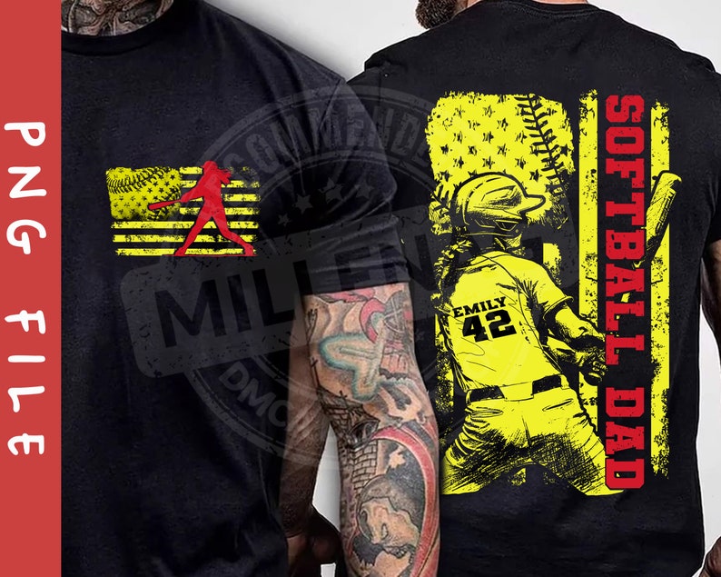 May include: Black t-shirt with a yellow and red softball player graphic on the front and a yellow and red softball player graphic with the text "Softball Dad" on the back.