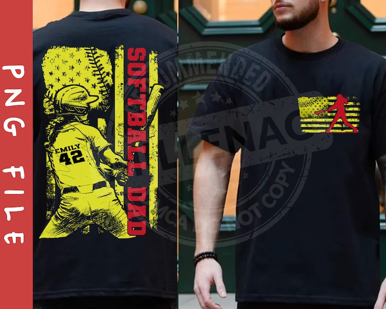 May include: Black t-shirt with a graphic of a softball player in a yellow uniform with the text "Softball Dad" and "Emily 42" on the shirt.