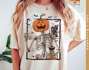 Skeleton Png, Skeleton Drinking Coffee PNG, Coffee Lover Png, Skeleton Pumpkin Halloween Png, Retro Fall Png, Halloween Skeleton Png