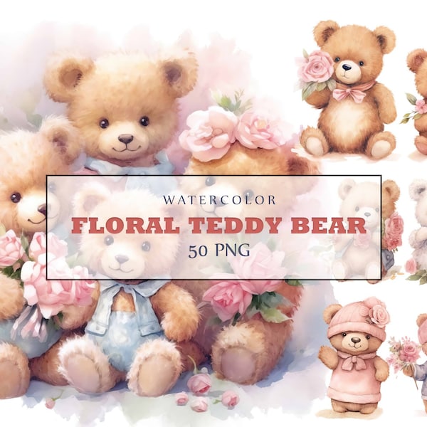 Watercolor Pink Floral Teddy Bear Clip Art Bundle Clipart Pack, Pink Floral Baby Shower for a girl, Clipart for commercial use, 50 PNGs