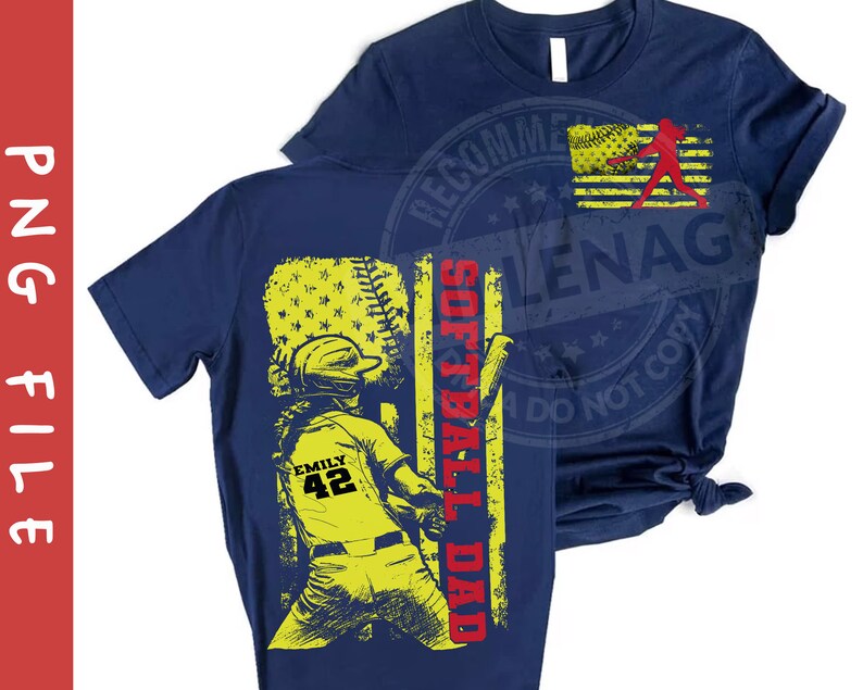 May include: Navy blue t-shirt with a yellow and red graphic of a softball player with the text "Softball Dad" and "Emily 42".