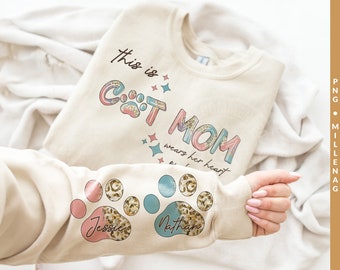 Personalized Cat Name Png, This Cat Mom Wears Her Heart on Her Sleeve Png, Leopard Cat  Paw Png, Cat Mom Png, Pet Lover Gift