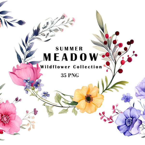 Meadow - Wild Flower Watercolor Clipart, Botanical Wild Flowers Clipart, Flowers Arrangements, Watercolor Rustic Clipart, Elegant Blooms