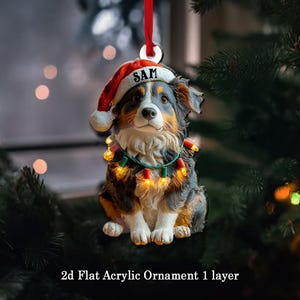 May include: A 2D flat acrylic ornament of a dog wearing a Santa hat with the name "SAM" and a string of Christmas lights. The dog has black, brown, and white fur. The ornament hangs from a red ribbon.