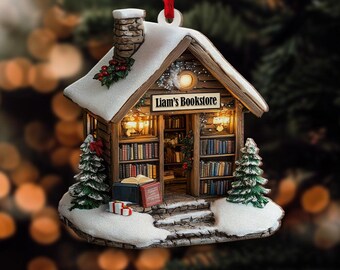 May include: A miniature wooden Christmas ornament shaped like a bookstore, with the text "Liam's Bookstore" above the entrance. The ornament features a snow-covered roof, a chimney, and small Christmas trees. The text "2d Flat Wood Ornament 1 layer" is at the bottom.