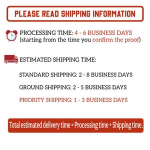 May include: White background with text in a red rectangular banner that reads "PLEASE READ SHIPPING INFORMATION". Below, text details processing and shipping times, including standard, ground, and priority options. A red alarm clock and truck icon are included.
